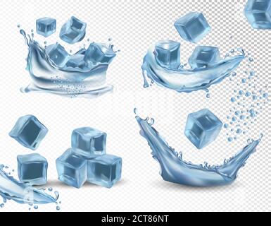 Cubo di ghiaccio realistico e spruzzi d'acqua su sfondo trasparente. Cubetti di ghiaccio surgelato blu con gocce d'acqua. Illustrazione vettoriale. Illustrazione Vettoriale