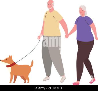 carino vecchia coppia a piedi con cane mascotte Illustrazione Vettoriale