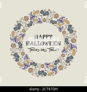 Corona circolare di schizzo, intestazione o modello di scheda di Halloween. Illustrazione di Holiday Vector con tipografia retro e colori brillanti. Zucche disegnate a mano Illustrazione Vettoriale