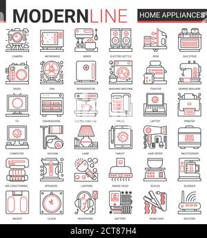 Set vettoriale di icone di linee concettuali complesse per elettrodomestici. Simboli lineari sottili di colore nero rosso per la pulizia della casa, articoli per la cucina o per la casa da bagno, per la cura del corpo dei capelli e per la raccolta di contorni di gadget elettronici Illustrazione Vettoriale