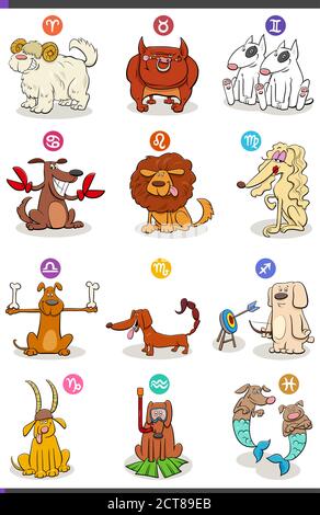 Cartoon Illustrazione di Oroscopo segni zodiacali con set di cani comici Illustrazione Vettoriale