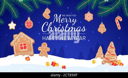 Sfondo di pan di zenzero. Buon natale e Capodanno 2021 biglietto di auguri di abete-albero rami, pan di zenzero e regali vettore poster vacanza. merr. Di Natale Illustrazione Vettoriale