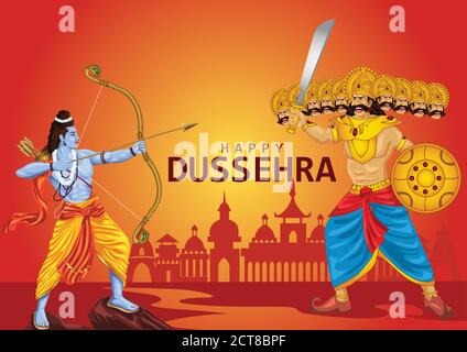 Happy Dussehra festival dell'India. Di Lord Rama uccidendo Ravana. Illustrazione vettoriale Illustrazione Vettoriale