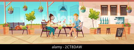 Le ragazze hanno posto a sedere sulla terrazza del cafe o sul balcone con bancone di legno e piante da bar. Vector Cartoon interno della caffetteria patio con tavoli, sedie e panca con gatto dormiente. Le donne bevono il tè e parlano Illustrazione Vettoriale