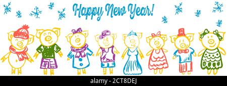 Anno nuovo 2019. Disegni per bambini con pastelli in cera. Capodanno cinese. Simbolo dell'anno. Maiali Illustrazione Vettoriale