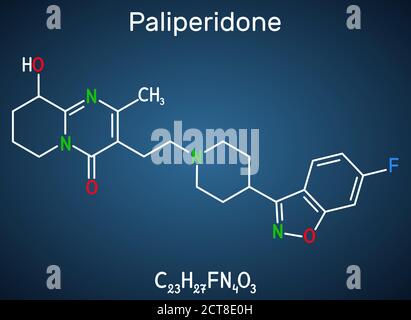 Paliperidone, molecola di 9-idrossirisperidone. E' un antipsicotico atipico che viene usato nel trattamento della schizofrenia. Sostanza chimica strutturale fo Illustrazione Vettoriale