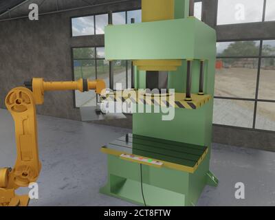 Fabbrica di produzione automatizzata braccio robot che carica lamiera su pressa idraulica stampatrice per il processo di formatura. Fabbrica di metallurgia industriale Foto Stock