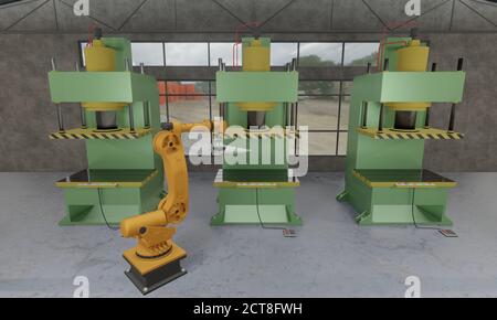 Fabbrica di produzione automatizzata braccio robot che carica lamiera su pressa idraulica stampatrice per il processo di formatura. Fabbrica di metallurgia industriale Foto Stock