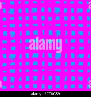 Motivo senza giunture a strisce. Strisce astratte. Disegno a mano, spazzole, blot. Texture moderne. Sfondo al neon originale. Sfondo a scacchi, blu quadrati Illustrazione Vettoriale