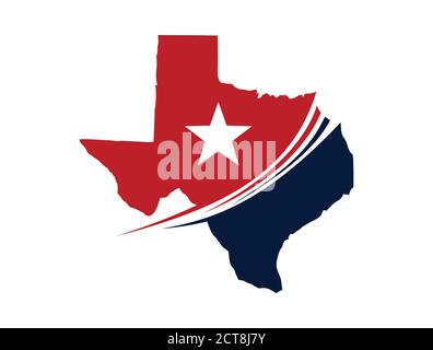 Un'illustrazione vettoriale di Texas Map con il logo Swoosh a stella accedi alla combinazione di colori rosso e blu Illustrazione Vettoriale