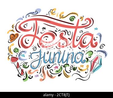 Cartolina con scritta Festa junina. Scritte disegnate a mano. Scheda vettoriale per il tuo progetto Illustrazione Vettoriale