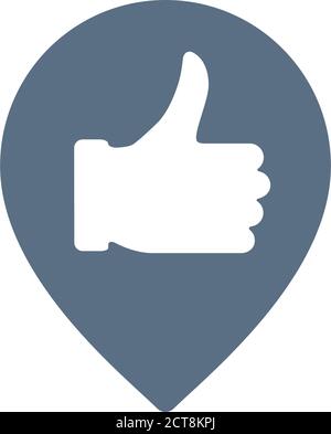 Pollice verso l'alto con il contrassegno della posizione, icona colorata del luogo preferito. Controllo qualità, simbolo di revisione cliente Illustrazione Vettoriale