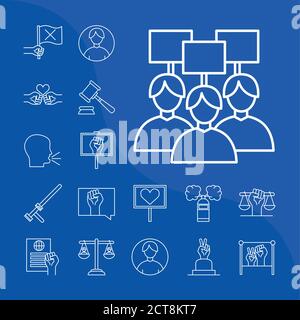 diritti umani icone di set stile di linea disegno vettoriale Illustrazione Vettoriale