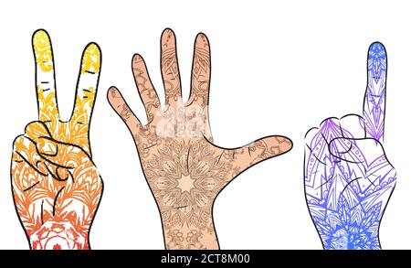 Set di mani con modello boho. Modelli mehendi sulle mani. Modelli indiani. Elemento vettoriale per la vostra creatività Illustrazione Vettoriale