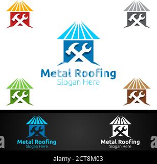 Logo Metal Roofing per Shingles Roof Real Estate o Handyman Architettura Design Illustrazione Vettoriale