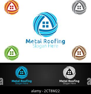 Logo Metal Roofing per Shingles Roof Real Estate o Handyman Architettura Design Illustrazione Vettoriale