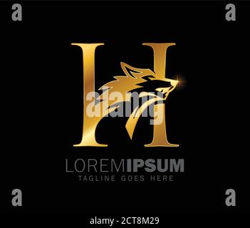 Un'illustrazione vettoriale della lettera H del monogramma iniziale di Golden Wolf Logo Illustrazione Vettoriale
