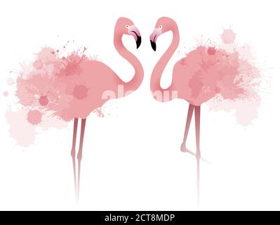 Illustrazione vettoriale dei fenicotteri rosa di coppia con spruzzi di acquerello e. spruzzi Illustrazione Vettoriale