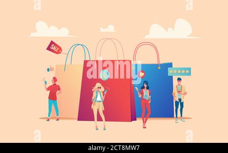 Le piccole persone sullo sfondo di patti enormi con acquisti guardare al telefono. Concetto di acquisto online facile pagamento e ordine. Metafora di acquisto e ev Illustrazione Vettoriale