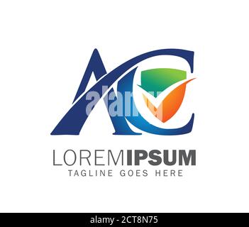 Un'illustrazione vettoriale del logo iniziale monogramma AC e Shield di colore blu verde e arancione Illustrazione Vettoriale
