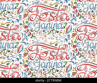 Motivo senza cuciture con scritta Festa junina. Scritte disegnate a mano. Texture vettoriale per cartoline natalizie, biglietti d'auguri, sfondi e il tuo design Illustrazione Vettoriale