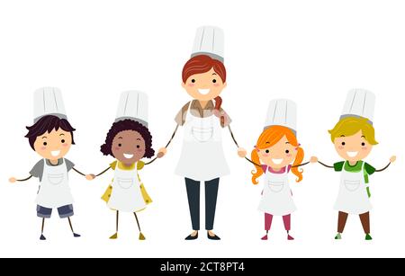 Illustrazione di Stickman Kids con l'insegnante che indossa il cappello dello chef e. Grembiule per lezione di cucina Foto Stock