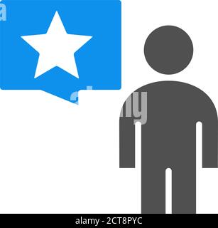 Uomo con bolla del parlato e icona a stella. Revisione, feedback, commento, simbolo di soddisfazione del cliente Illustrazione Vettoriale