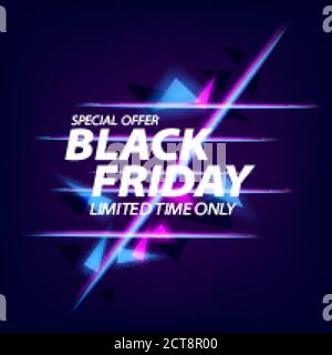 Offerta sconto Black friday modello banner poster con pezzi il colore al neon triangolare è moderno e festivo di notte Illustrazione Vettoriale