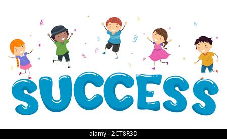 Illustrazione di Stickman Kids che saltano con Confetti sopra la scritta di successo Foto Stock