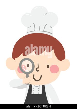 Illustrazione di un ragazzo Kid che indossa cappello e uniforme dello Chef E lente d'ingrandimento di supporto Foto Stock