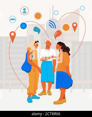 Concetto di comunicazione sociale con donne di moda cartoni animati parlare. Illustrazione Vettoriale