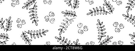 Foglie vettoriali e cerchi sfondo del bordo senza giunture. Striscione di rami neri sparsi disegnati a mano di fogliame d'arte di linea e spirali rotonde su bianco Illustrazione Vettoriale