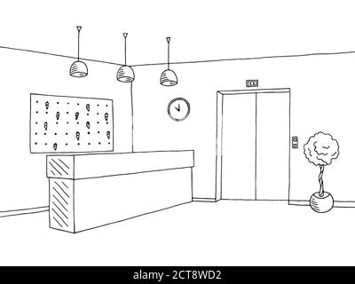 La lobby dell'hotel, il ricevimento, in bianco nero, presenta un disegno grafico interno vettore Illustrazione Vettoriale