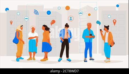 Sfondo di una città intelligente con personaggi e icone di applicazioni mobili. Illustrazione Vettoriale