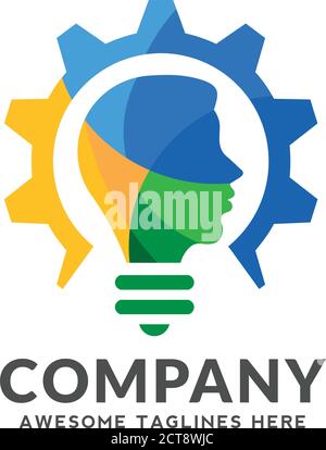 logo colorato e creativo che unisce lampadina, outfit con design a testa umana, logo vettoriale intelligente Illustrazione Vettoriale