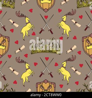 Modello magico. Cervo dorato. Corona di cervi. Grande casa. Illustrazione Vettoriale