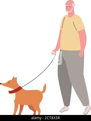 uomo anziano che cammina con la mascotte del cane su sfondo bianco Illustrazione Vettoriale