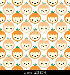 Carino arance kawaii senza cuciture motivo vettoriale sfondo. Ridendo cartone animato tropicale agrumi su sfondo bianco. Design divertente e bizzarro dei volti. Geometrico Illustrazione Vettoriale