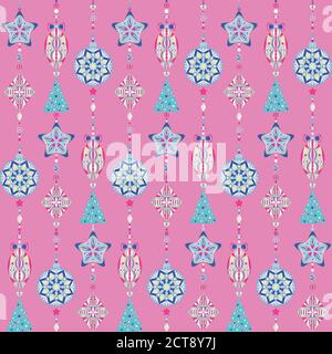 Scheda a colori. Giocattoli di Capodanno. Modello di Natale vettoriale, con sfondo rosa, con decorazioni colorate. Sfondo di Natale. kaleidoscope. Per Illustrazione Vettoriale