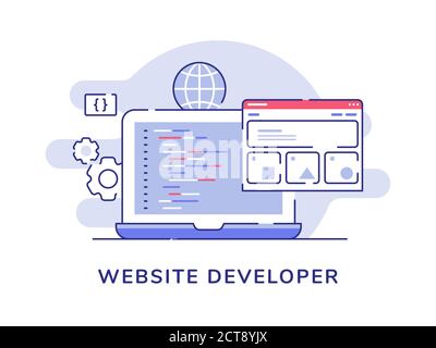 Sviluppatore di siti web concept code coding wireframe su monitor laptop display con profilo piatto Illustrazione Vettoriale