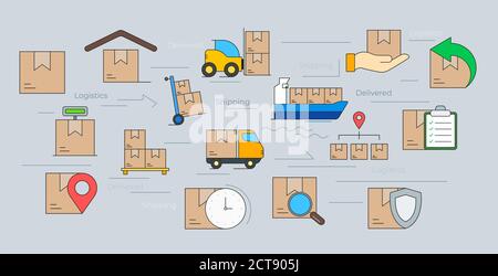 Icone di logistica e consegna impostate per il sito Web o l'applicazione Illustrazione Vettoriale