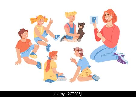 Prescolare o asilo bambini ragazzi e ragazze cartoni animati con insegnante. Illustrazione Vettoriale