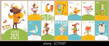 Vettore cartoon 2021 calendario con animali da fattoria divertente Illustrazione Vettoriale