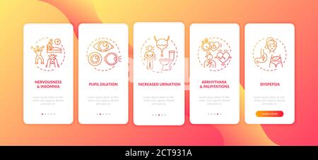 Overdose di caffeina conseguenze onboarding pagina app mobile con concetti Illustrazione Vettoriale