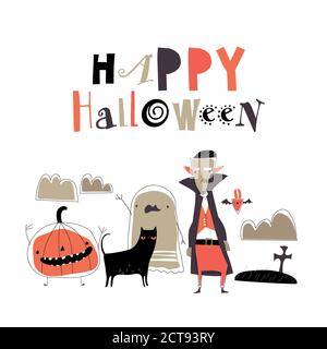 Cartoon simpatici mostri halloween su sfondo bianco Illustrazione Vettoriale