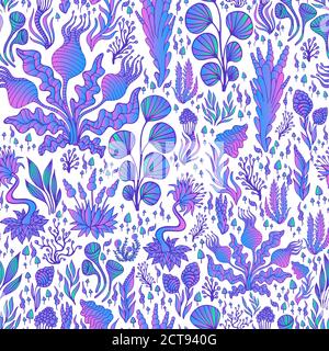 Fantasy astratto piante colorate motivo senza giunture, colore blu sfumato, isolato su sfondo bianco. Illustrazione Vettoriale