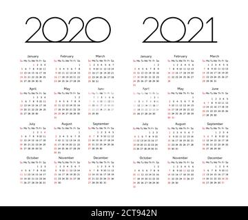 Calendario 2020 2021 anni - illustrazione vettoriale. La settimana inizia la domenica. Modello di calendario modificabile con festività USA Illustrazione Vettoriale