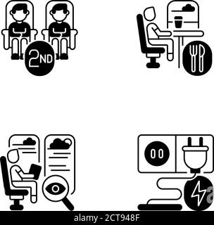 Serie di icone lineari nere per servizi ferroviari di classe economica Illustrazione Vettoriale