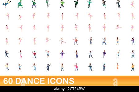 set di 60 icone di danza. Illustrazione cartoon di 60 icone di danza vettore insieme isolato su sfondo bianco Illustrazione Vettoriale