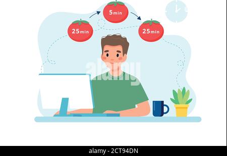 Uomo che lavora con il computer utilizzando la gestione del tempo. Concetto di tecnica Pomodoro Illustrazione Vettoriale